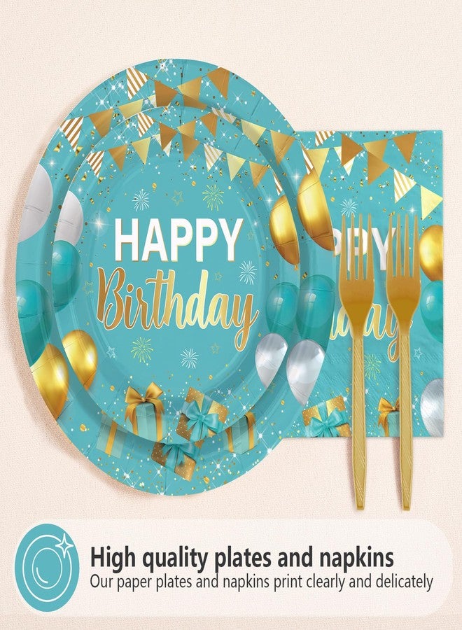 Greencian 96 Pcs Teal Blue and Gold Birthday Party Supplies Happy Birthday Plates and Napkins Disposable Turquoise Aqua Teal Tableware Set for Men Women birthday Party Decorations Serves 24 - Image 2